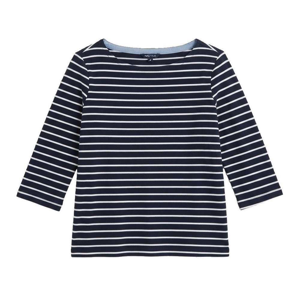 Nautica Womens Blouse Top L Boat Neck 3/4 Sleeve Navy White Stripe Denim Trim